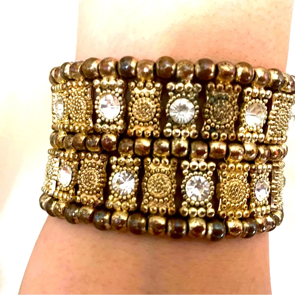Beyond Dazzling VINTAGE Brown Gold Stretch Faux Diamond Studded Wide Bracelet